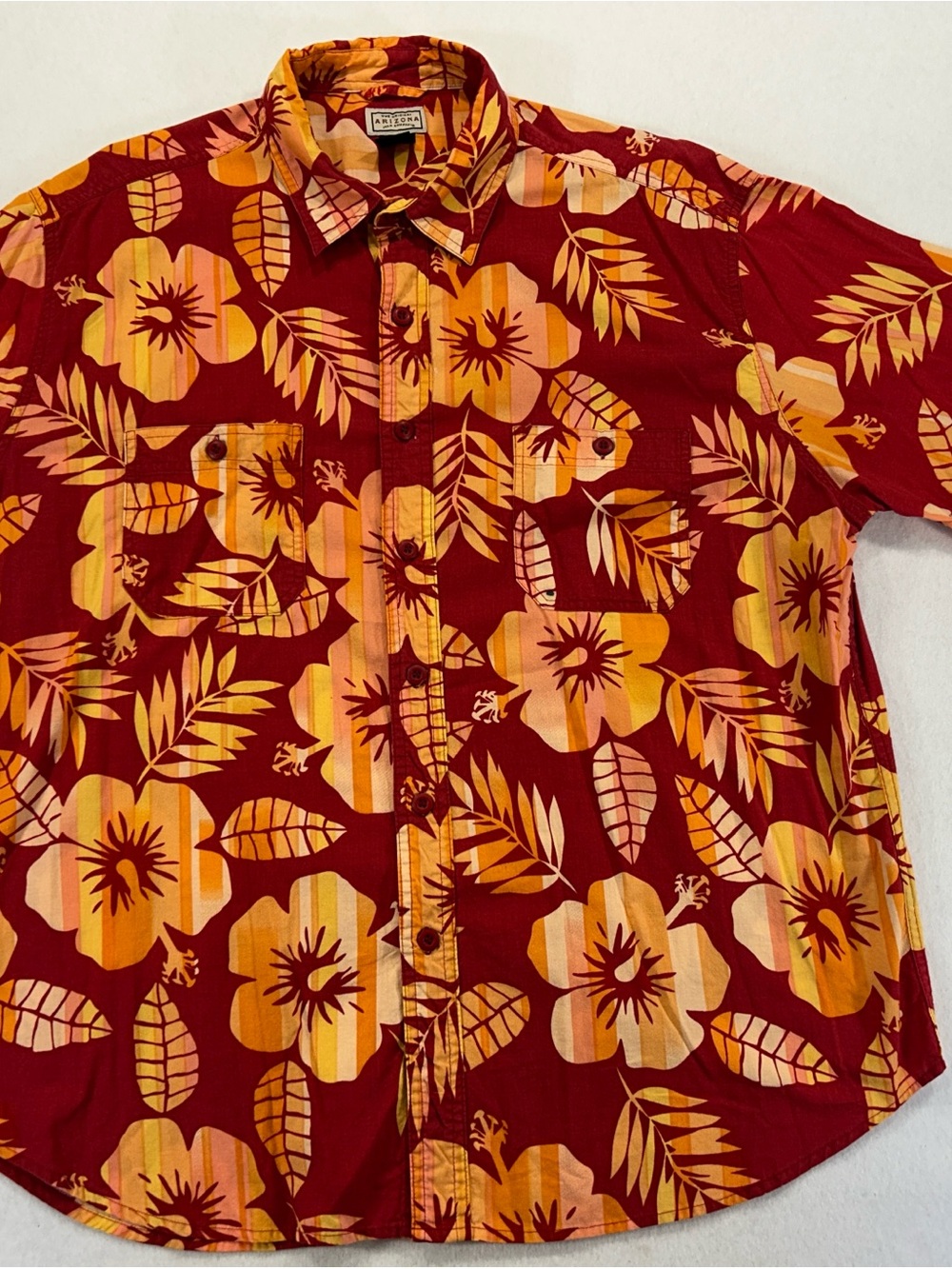 Arizona Jean Company Red Floral Button-Down Shirt with Orange Hibiscus